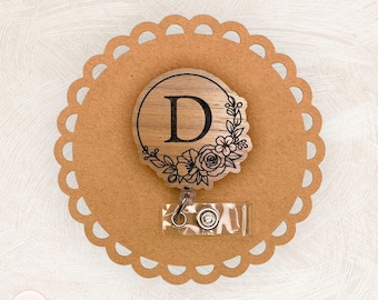 Custom Flower Initial Badge Reel, Wood, Personalized, Name Tag, Badge Topper, Carabiner, Keychain, Nonretractable, MRI Safe, Coworker Gift