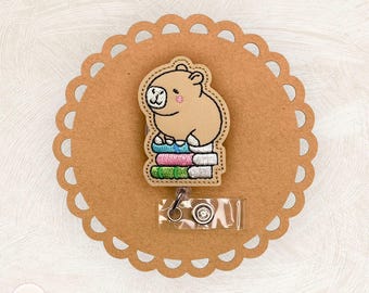 Capybara Books Badge Reel, School, Teacher Lanyard, Feltie Topper, Name Tag, Keycard Holder, Pinch Clip, Nonretractable, Coworker Gift