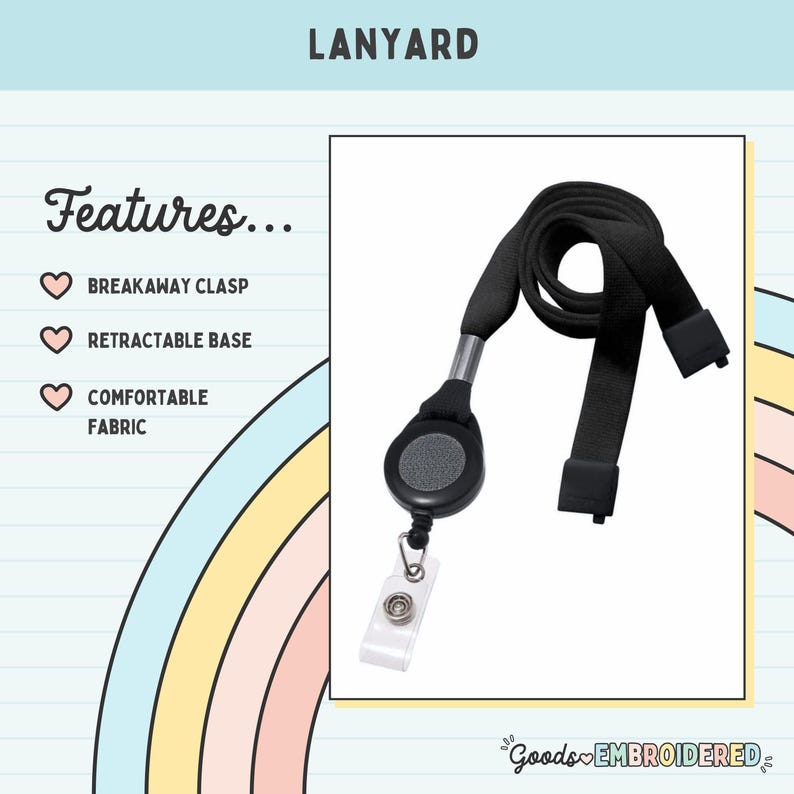 a black lanyard with a white badge attached to it, and it is displayed against a light blue background with a rainbow-colored border.