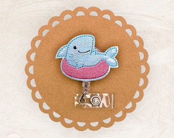 Shark Floatie Badge Reel, Summer, Name Tag, Swivel Clip, Carabiner, Breakaway Lanyard, Feltie Topper, Badge Buddy, MRI Safe, Coworker Gift