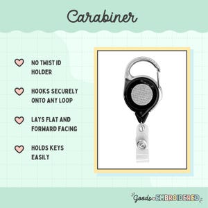 The image is a product description for a Carabiner, which is a type of keychain or lanyard. It features a black and silver design with a loop for hanging keys and a handle for easy carrying. The Carabiner is described as having no twist id holder, ensuring that keys are securely held onto the loop, and being designed to be flat and forward-facing, making it easy to carry keys.
