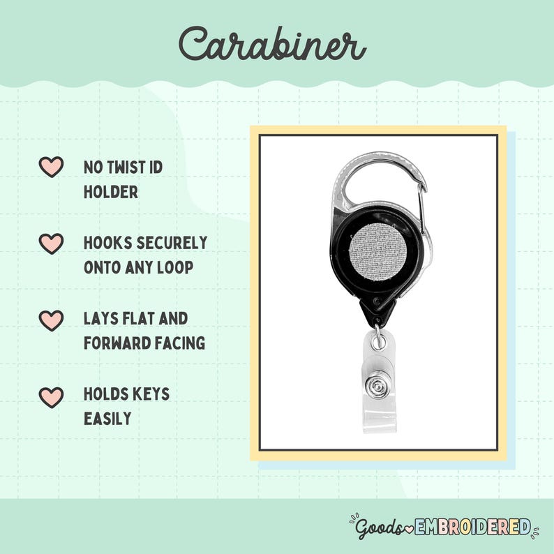 The image is a product description for a Carabiner, which is a type of keychain or lanyard. It features a black and silver design with a loop for hanging keys and a handle for easy carrying. The Carabiner is described as having no twist id holder, ensuring that keys are securely held onto the loop, and being designed to be flat and forward-facing, making it easy to carry keys.