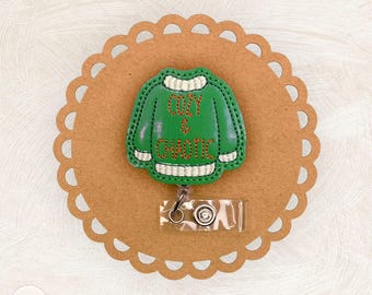 Cozy & Chaotic Sweater Badge Reel, Fall, Carabiner, Feltie, Key Card Clip, Name Tag, MRI Safe, Badge Buddy, Retractable Lanyard, RN Gift