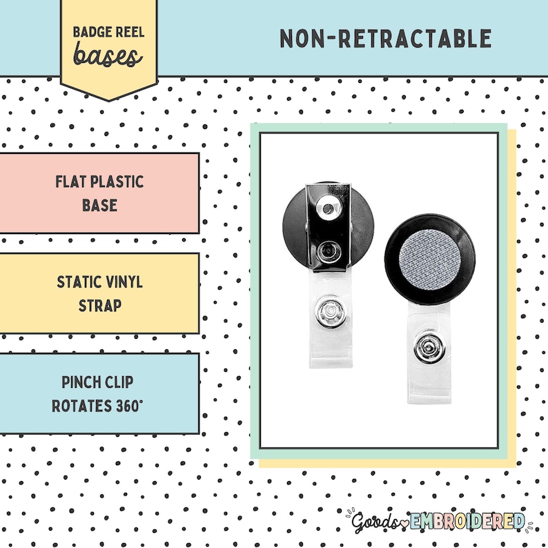 The image is a product advertisement for badge bases, specifically flat plastic bases and a static vinyl strap.
