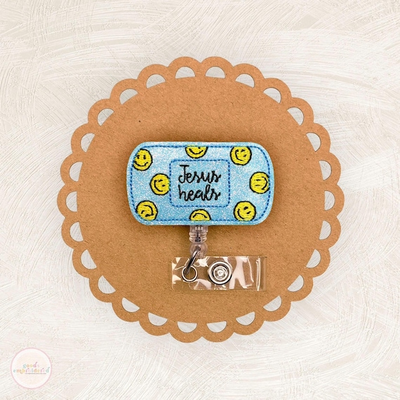 Jesus Heals Bandaid Badge Reel, Christian, Name Tag, ID Badge Clip, Nonretractable, MRI Safe, Carabiner, Pinch Clip, Lanyard, Coworker Gift
