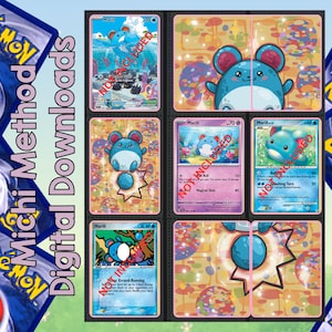 May include: A collection of Pokémon trading cards featuring the character Marill, displayed in a binder. The cards showcase various illustrations of Marill in different poses and settings. The words "Michi Method Digital Downloads" are visible.