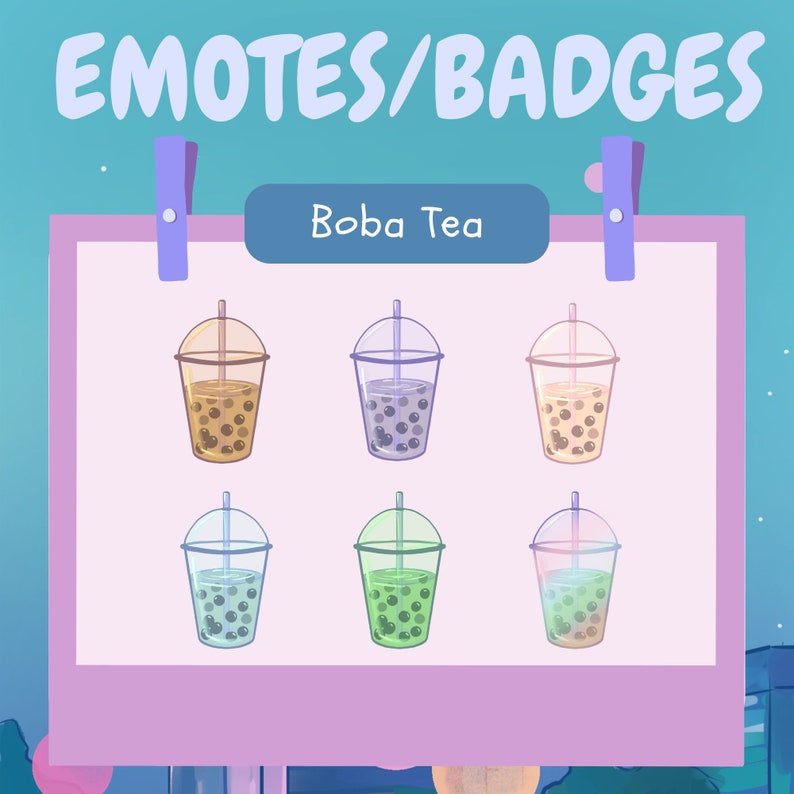 Boba Tea Emote and Badges for Twitch and Discord. Purple, Pink, Blue