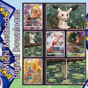 Könnte beinhalten: Eine Sammlung von Pokémon-Sammelkarten mit verschiedenen Illustrationen von Mimikyu und anderen Charakteren. Die Karten werden in einem Ordner angezeigt, mit dem Text "Michi Methods Digital Downloads". Der Hintergrund zeigt mehrere Pokémon-Kartenrückseiten.