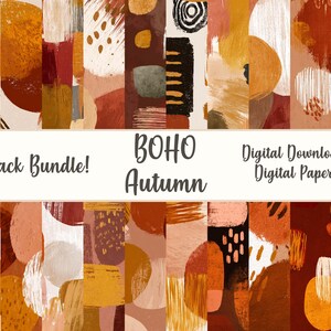 以下が含まれることがあります： 「Boho Autumn」をテーマにしたデジタルペーパーパック。茶色、オレンジ、クリーム色の抽象的な筆致のデザインです。「25-Pack Bundle!」と「Digital Download! Digital Paper!」の文字が入っています。