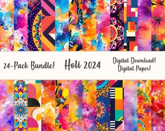 Holi Festival Digital Paper: Vibrant Printable Backgrounds (24-Pack)