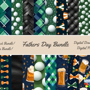 May include: A digital paper pack with 20 different patterns featuring golf balls, bow ties, beer mugs, and various geometric designs in green, black, and blue.