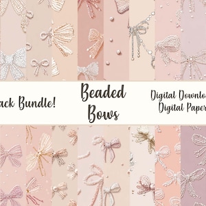 Könnte beinhalten: Ein digitales Papierpaket mit verschiedenen Designs von Perlenbögen in Rosa-, Weiß- und Goldtönen. Der Text enthält "25-Pack Bundle!", "Beaded Bows" und "Digital Download! Digital Paper!" auf rosa Hintergründen.