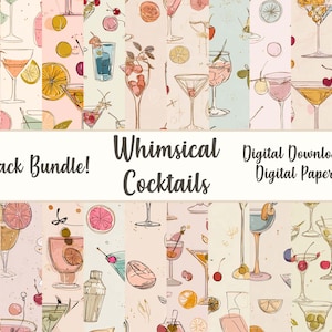 Op de afbeelding: Een digitaal papierpakket met illustraties van cocktails, waaronder martiniglazen, kersen en citrusvruchten. De ontwerpen zijn handgetekend. De tekst luidt "25-Pack Bundle! Whimsical Cocktails Digital Download! Digital Paper!"