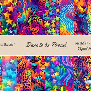 May include: A digital paper pack with 16 colorful patterns featuring abstract designs, animal prints, and stars. The text "Dare to be Proud" is displayed in the center of the image. The text "16-Pack Bundle!" is displayed in the top left corner of the image. The text "Digital Download! Digital Paper" is displayed in the top right corner of the image. The text "White River Creative" is displayed in the bottom right corner of the image.