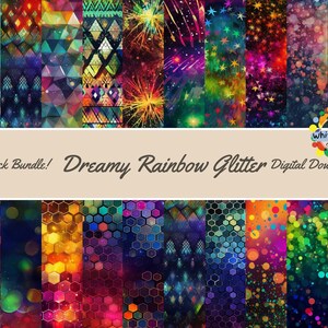 Op de afbeelding: Een digitaal downloadpakket met 20 kleurrijke, glinsterende, abstracte patronen. De patronen omvatten geometrische vormen, sterren, vuurwerk en meer. De tekst "20-Pack Bundle! Dreamy Rainbow Glitter Digital Download!" wordt weergegeven op de afbeelding.