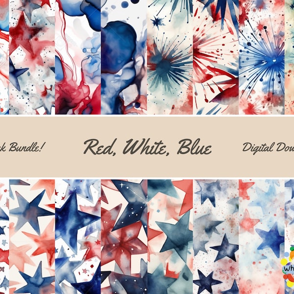 Patriotic Seamless Pattern Digital Paper Set - 16-Pack Red White Blue | Commercial Use | Scrapbooking Supplies digital print wrapping paper