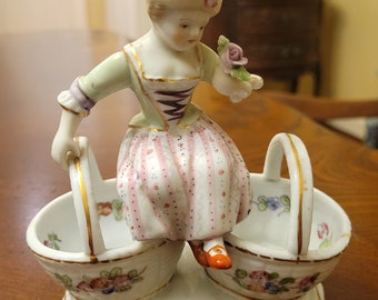Handpainted Andrea Figurine of a Girl holding a Flower Sitting atop two Baskets