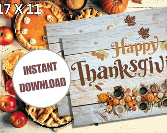 Könnte beinhalten: Digitaldruck zum Thema Thanksgiving mit dem Schriftzug "Happy Thanksgiving" in brauner Schrift auf hellblauem Holzmaserungshintergrund. Das Bild enthält Kürbisse, Blätter und Kuchen. Der Text "Instant Download" ist ebenfalls sichtbar.