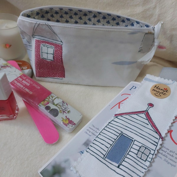 Make up Bag with Bookmark And Tissue holder Blue Denim Flower Cosmetics Bag Beach Hut & Boat Pencil Case with Bookmark Birthday Gift for Her