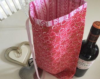 Red Heart Fabric Gift Bag Reusable Tall Bottle Bag Zero Waste Gift Wrap Valentine Anniversary Bottle Bag Mother’s Day Heart Tote Gift Bag