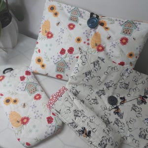 Quilted Book Tablet Cover - Glasses Pouch - Bookmark – Colourful Bees - Floral Cotton