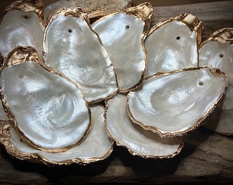 Oyster Shell Ornaments Christmas Coastal Beach, Pearlescent with Gold or Silver.  Wedding favors, Free shipping