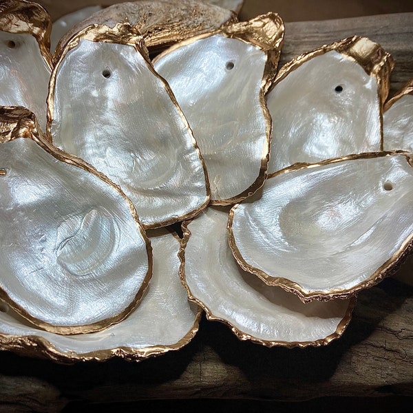 Oyster Shell Ornaments Christmas Coastal Beach, Pearlescent with Gold or Silver.  Place cards, Wedding favors, Free shipping