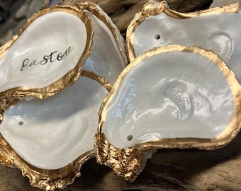 Pearlescent Oyster Shell Ornament: Coastal Christmas Decor, Gold or Silver Trim