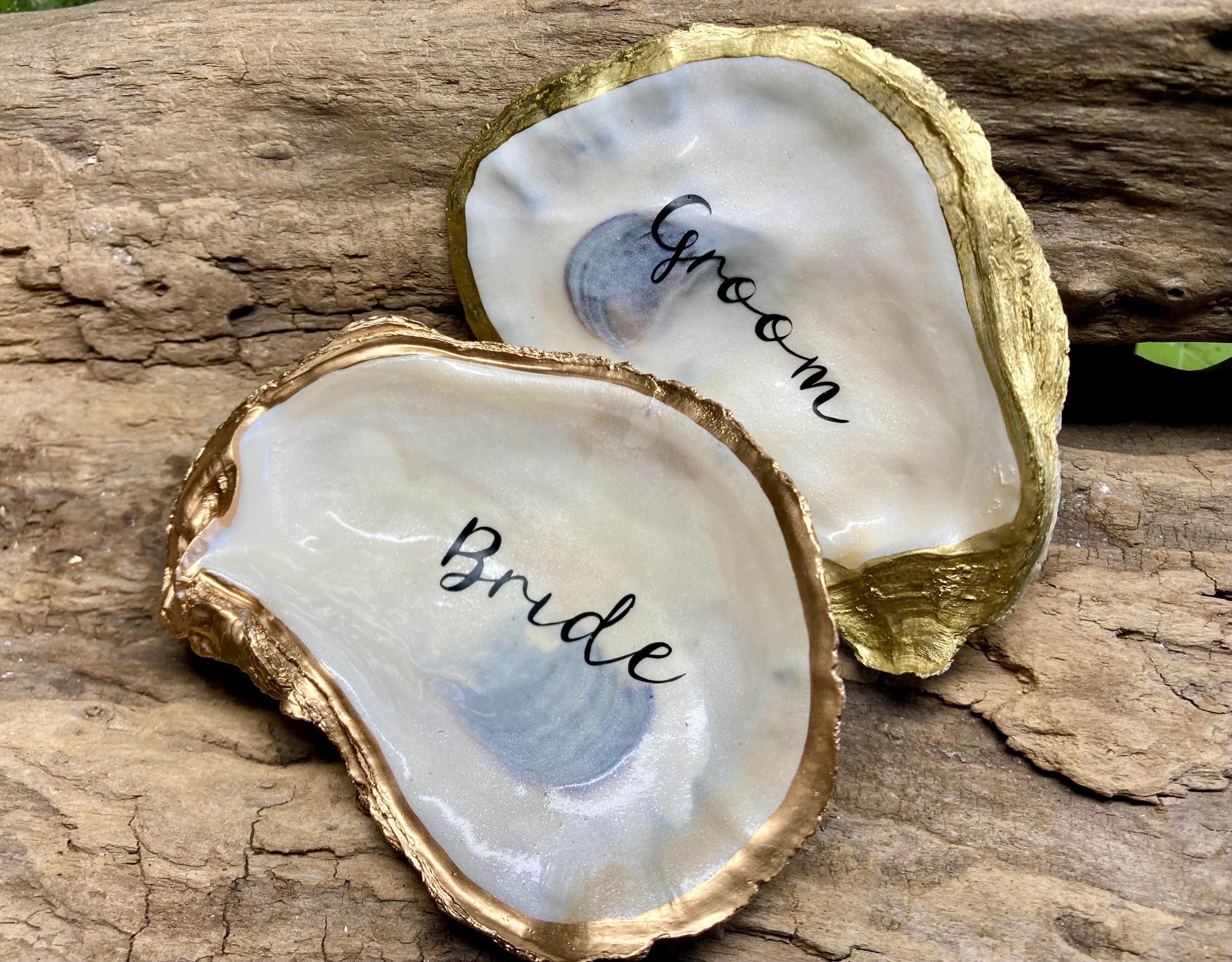 Gold Gilded Oyster Shell Place Cards: Beach Wedding Coastal Decor