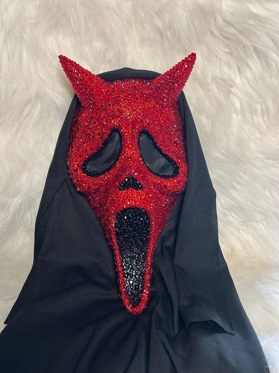 悪魔　仮面　魔除け　謎　詳細不明　珍品　工芸　アート　マスク キラキラ輝くラインストーン付き赤い悪魔の叫びマスク、ゴースト