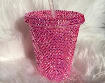 Pink Rhinestone tumbler, 16oz reusable cold cup, bling tumbler, rhinestone cup, bedazzled cup, rhinestone gift for her, girls 18th gift