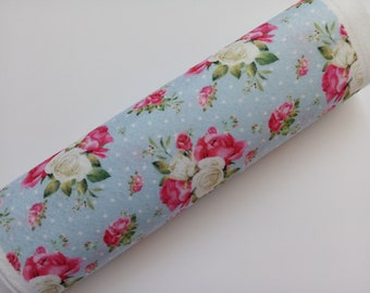 Floral pattern, rose bouquets on white polka dot blue background , printed patterned polyester felt sheet