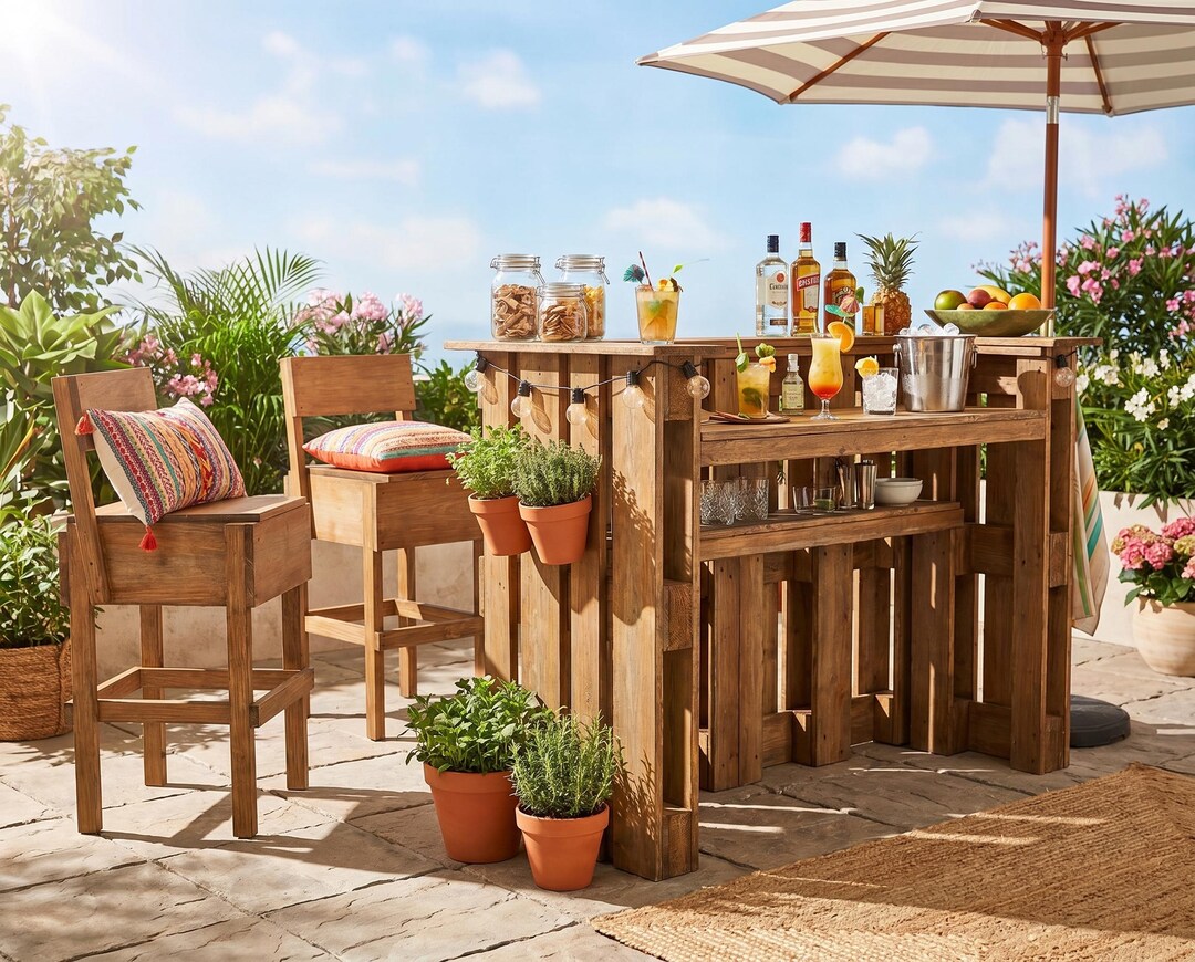 DIY Euro Pallet Bar Plans With Plywood Stool (PDF Download) - Outdoor ...