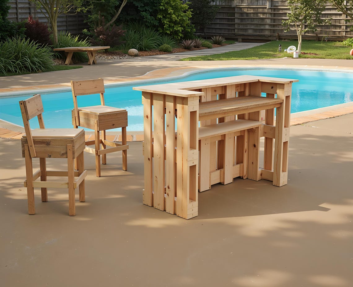 DIY Euro Pallet Bar Plans With Plywood Stool (PDF Download) - Outdoor ...