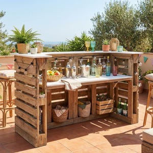 May include: A rustic outdoor bar made from reclaimed wood. The bar features a white countertop, shelves, and storage for bottles, glasses, and bar tools. Two bar stools and decorative plants complete the scene. String lights and colorful flags add a festive touch.