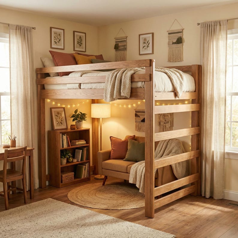 Wooden twin loft bed frame with slatted platform, four posts and side rails; space-saving DIY loft bed plans.