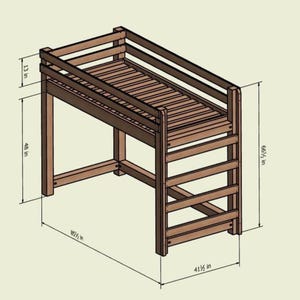Wooden twin loft bed frame with slatted platform, four posts and side rails; space-saving DIY loft bed plans.