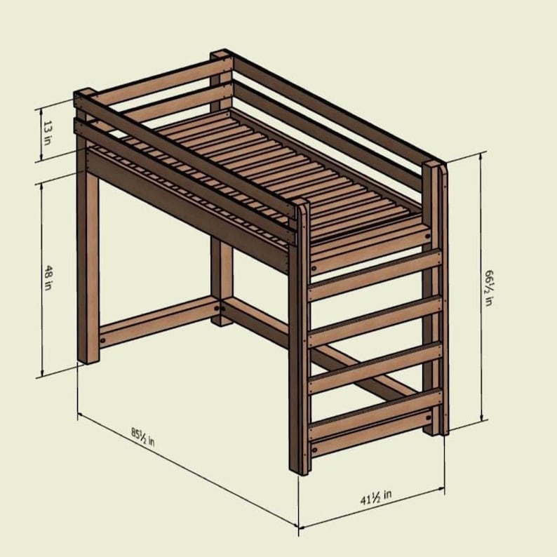 Wooden twin loft bed frame with slatted platform, four posts and side rails; space-saving DIY loft bed plans.
