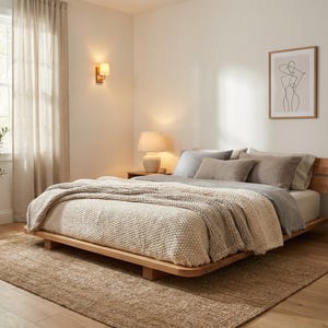 Może przedstawiać: Sypialnia z drewnianym łóżkiem, pościelą w neutralnych odcieniach i teksturowanym kocem. Tkany dywan i roślina doniczkowa dodają ciepła. Oprawione dzieło sztuki wisi na ścianie, a okno z przezroczystymi zasłonami jest widoczne. Łóżko ma około 200 cm długości.