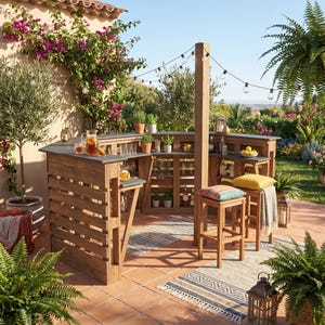 May include: Wooden outdoor bar with a grey countertop and slatted sides. The bar is surrounded by stools, plants, and string lights. The bar is set up on a patio with a rug and a view of a garden.