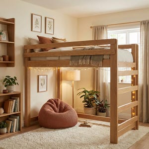 Wooden twin loft bed frame with slatted platform, four posts and side rails; space-saving DIY loft bed plans.