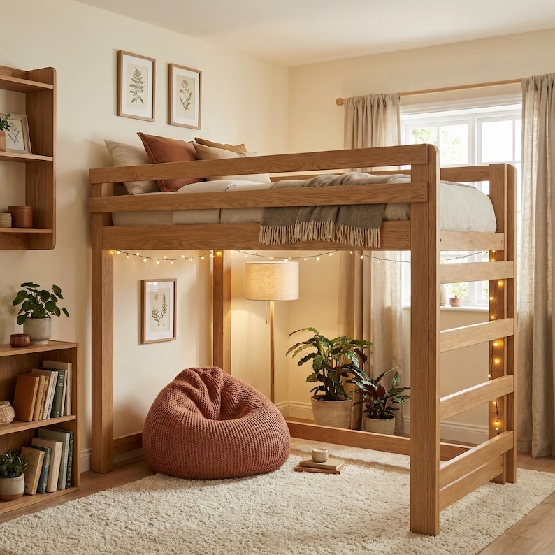 Wooden twin loft bed frame with slatted platform, four posts and side rails; space-saving DIY loft bed plans.