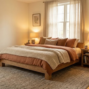 Może przedstawiać: Sypialnia z drewnianą ramą łóżka, z kołdrą w kolorze rdzy i kremowym, dzianinowym kocem. Łóżko zdobi kilka poduszek w odcieniach brązu. Pokój ma neutralną paletę kolorów, z dywanem i zasłonami.