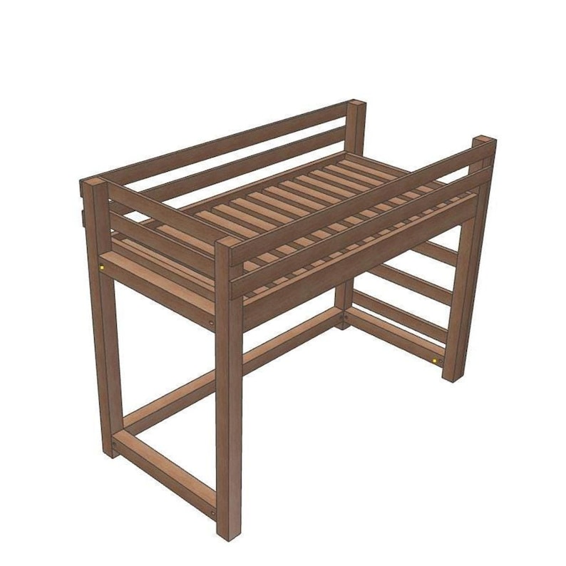 Wooden twin loft bed frame with slatted platform, four posts and side rails; space-saving DIY loft bed plans.