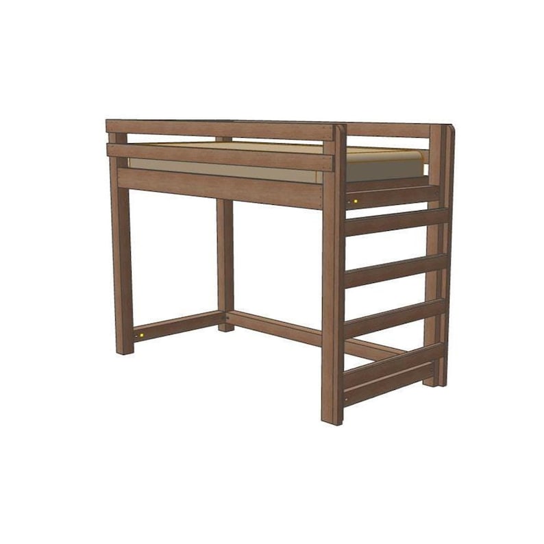 Wooden twin loft bed frame with slatted platform, four posts and side rails; space-saving DIY loft bed plans.