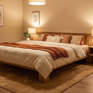 May include: A modern bedroom with a wooden bed frame, headboard, and nightstand. The bed is covered with a white comforter and a rust-colored throw blanket. Two framed botanical prints hang on the wall, and a beige rug covers the floor.