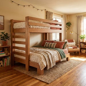 May include: A wooden bunk bed with a light brown finish. The bed is fully made with white and beige bedding, and decorative pillows. The room has hardwood floors, a jute rug, and a small bookshelf with books and a teddy bear.