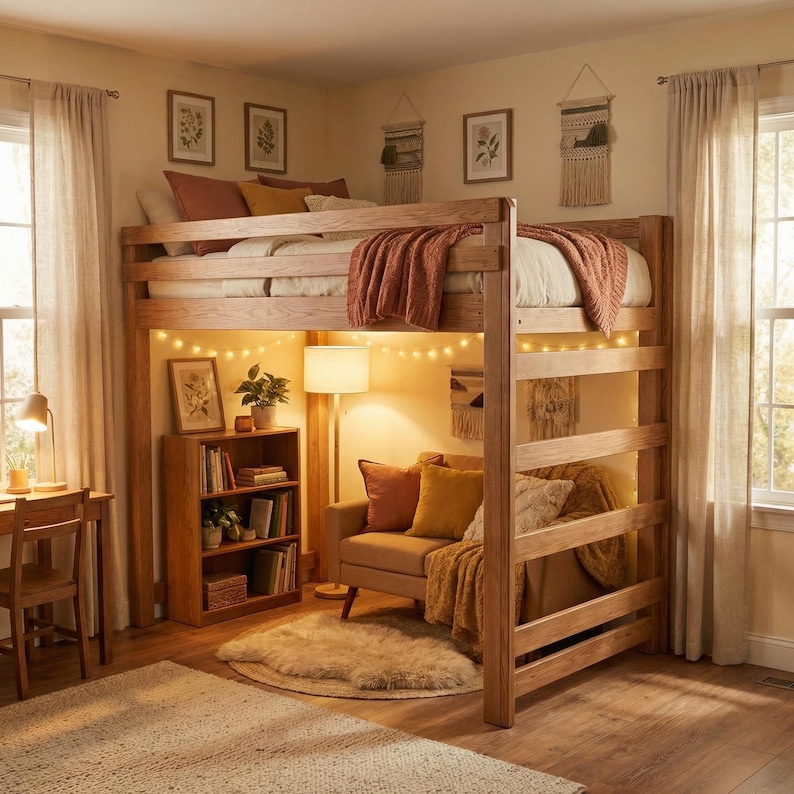 Wooden twin loft bed frame with slatted platform, four posts and side rails; space-saving DIY loft bed plans.