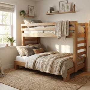 Könnte beinhalten: Ein hellbraunes Etagenbett aus Holz mit neutraler Bettwäsche. Der Raum verfügt über einen gewebten Teppich und eine Hängeleuchte. Das Bett ist etwa 190 cm lang und 90 cm breit.
