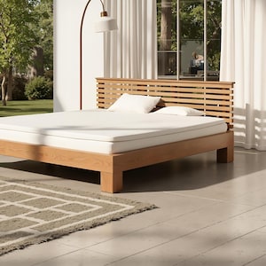 King Size Bed Frame Plan: DIY Woodworking Design with Slatted Headboard (PDF Download)